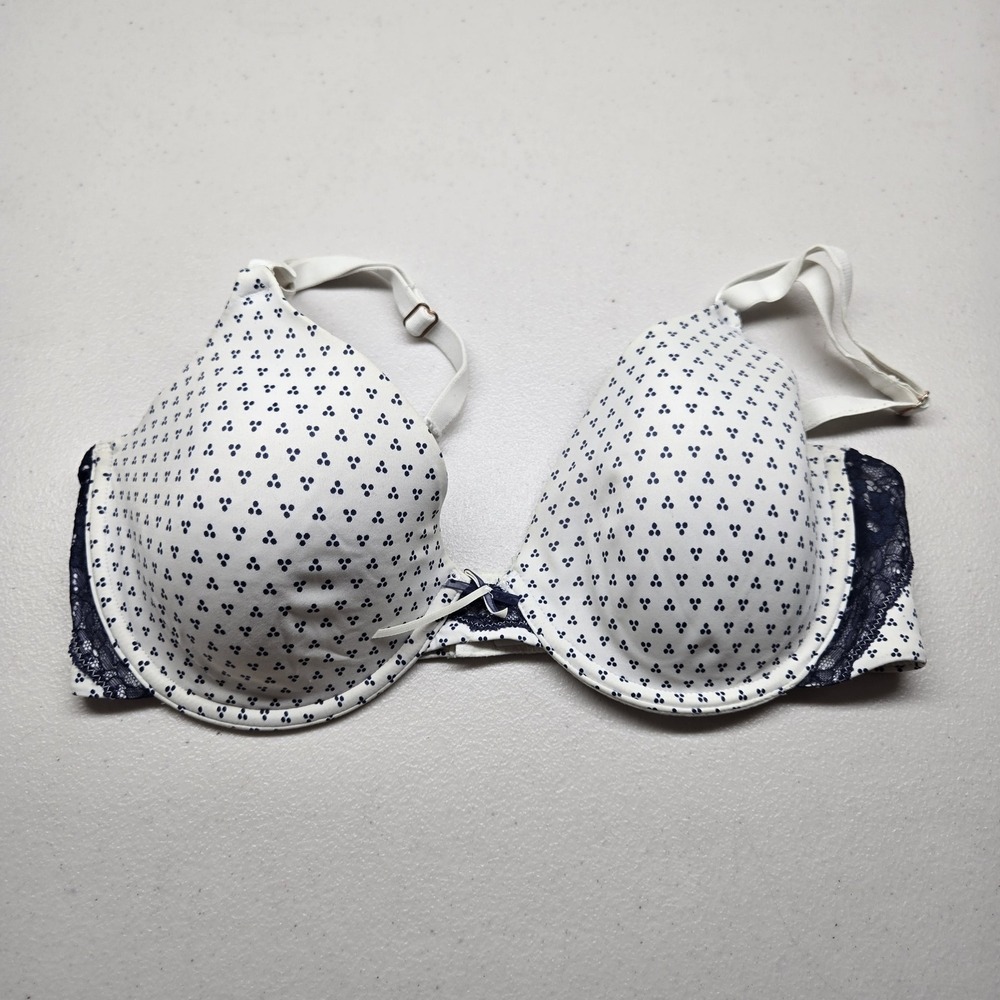 Maidenform Women Bra 34D White With Navy Blue Geometric T Shirt Underwired‎